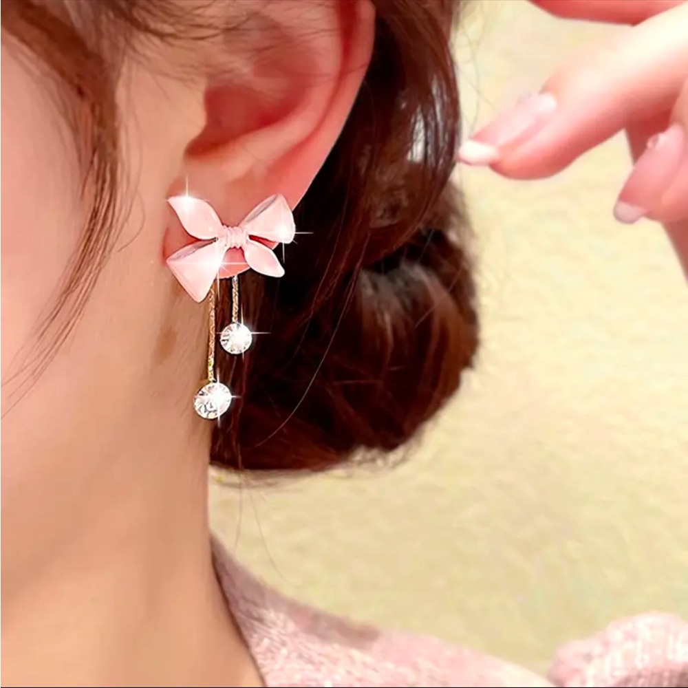 Vintage-Inspired Pink Bowknot & Rhinestone Tassel Dangle Earrings 🎀